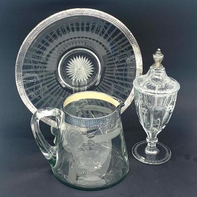 Sterling trim Heisey etched glassware
