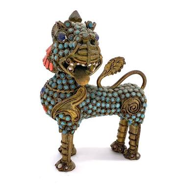 Antique Tibetan coral and turquoise jeweled brass Foo Dog