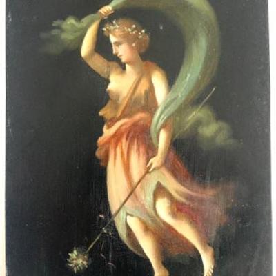 Unsigned Italian painting, early 19th cent. - Maenad in flight carrying Thyrus, 9 1/2 x 14 in.