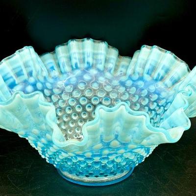 Fenton Blue Hobnail Opalscent Crimped Ruffled Candy Bowl
