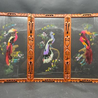 (3) 1970’s Bohemian Mexican Folk Art 22” Framed Bird Panels with Collaged Feathers
