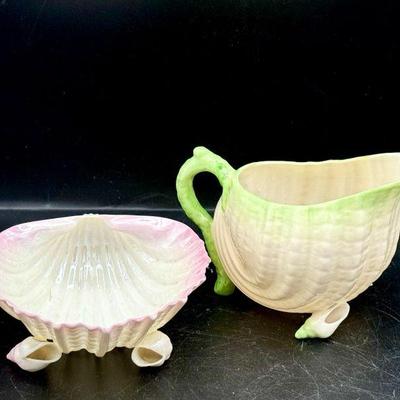(2) Antique 1891-1926 Belleek Black Mark Neptune Seashell Dishes
