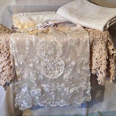 Tote Of Lace Linens, And Doilies
