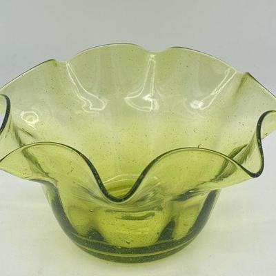 MCM Blenko Olive Ruffled Bowl
