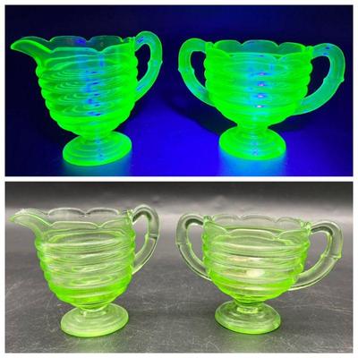 Set of (2) Uranium Glass Sugar & Creamer Glowing Green in 395nm Ultraviolet Light
