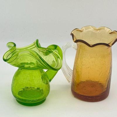 (2) Small Crackle Glass Pitchers
