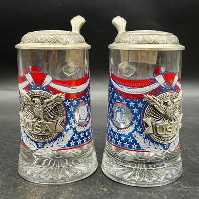 (2) Matching Domex American Independence Glass & Zinc Beer Steins
