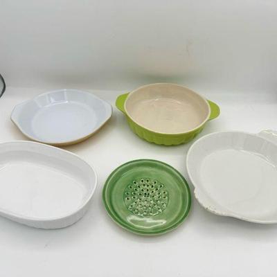 (5) Small Kitchen Plates-Emile Henry, Royal Norfolk, Corningware, Pilivite, & Signed
