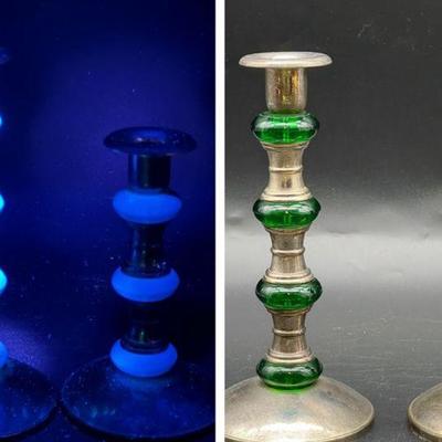 (2) International Silver Co. Antiqued Candle Sticks with UV Reactive Green Accents
