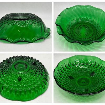 (2) Green Depression Glass Bowls ft. Anchor Hocking Emerald English Hobnail
