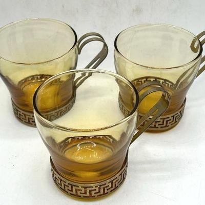(3) MCM Amber & Metalwork Libbey Continental Coffee Cups
