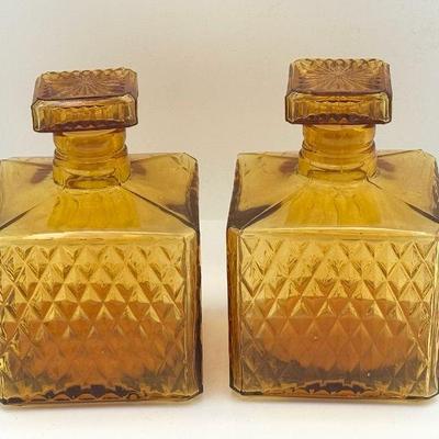 (2) Amber Diamond Cut Square Decanters
