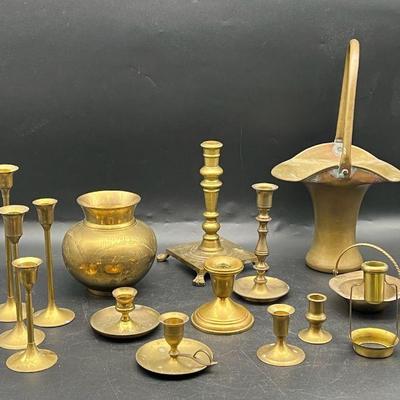 Collection of Mostly Brass feat. Candlesticks, Vase & Basket
