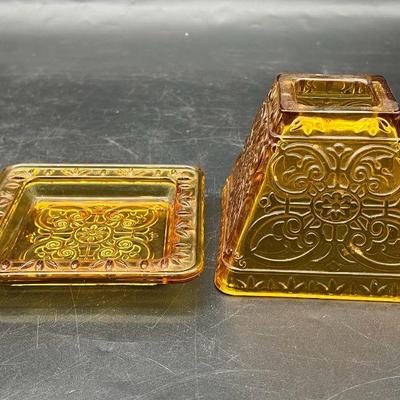 Square Amber Art Glass Tray & Topper
