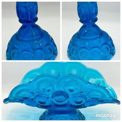 1970s LE Smith Moon And Star Blue Fruit Boat & (2) Candlestick Holders
