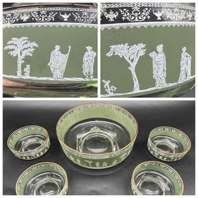 Jeannette Hellenic Jasper Green Glass 9” Salad Bowl & (4) Bowls
