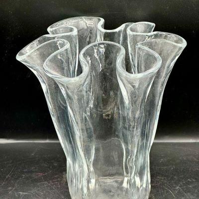 Vintage Eva Muurla Finland Ruffled 8" Handkerchief Clear Glass Blown Vase Decor
