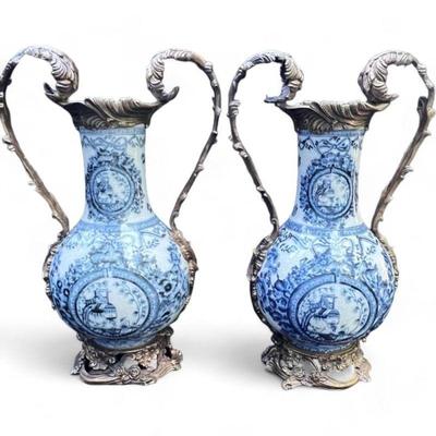 Vintage Castilian Pair Porcelain and Bronze Vases