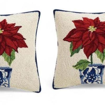 Wool Hook Accent Holiday Pillows, a Pair - Poinsettias in 
Chinoiserie Planter
