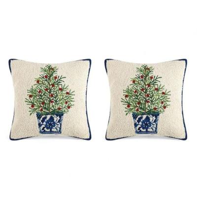 Wool Hook Accent Holiday Pillows, a Pair - Holiday Tree in Chinoiserie Planter
