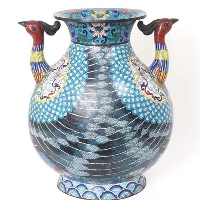 Lot 3 massive cloisonne enamel double phoenix vase