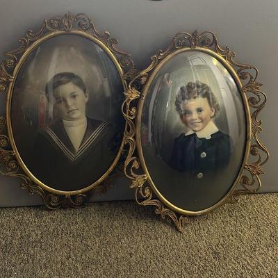 Large Ornate Metal Curved Glass Framed Antique Photographs
