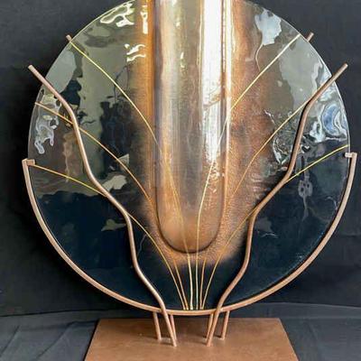 Circular Art Glass Sculpture * Bronze Tone Metal * Smoky Glass
