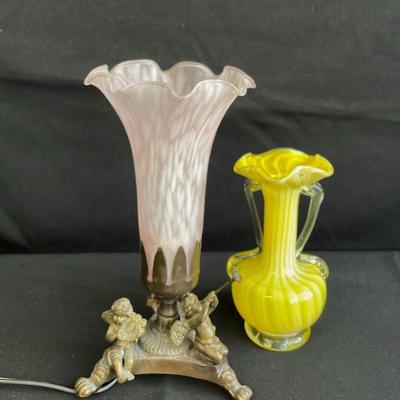 Decorative Pink Fluted Glass Dresser Light * Yellow Handblown Striped Small Vase

