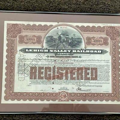 Lehigh Valley Railroad Framed Gold Bond Certificate 1923
