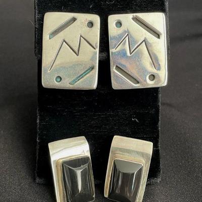 Mexico 925 Sterling Silver Clip On Earrings * Black Stone Inset
