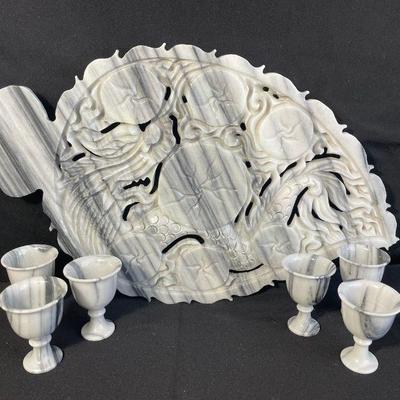 Likely Marble Ornate Dragon Teapot * Fishtail Design Tray * Little Cups
