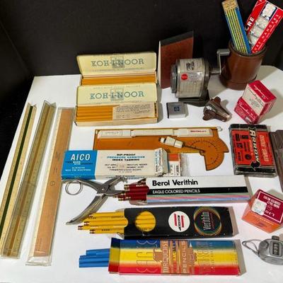 Vintage Office Supplies * 2 KOH-I-NOOR Metal Pencil Boxes * Various Pencils & Rulers * 2 K&E Rulers
