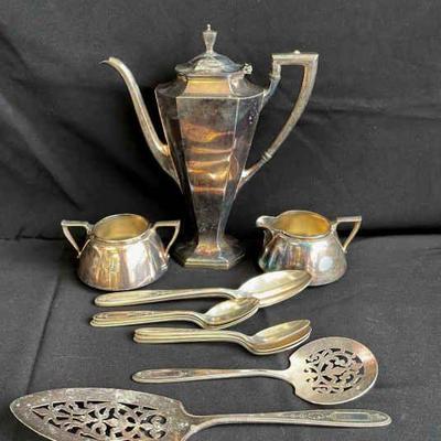 Art Deco Silverplate Teapot * Forbes Silverplate Sugar/Creamer * Vintage Silverplate Utensils
