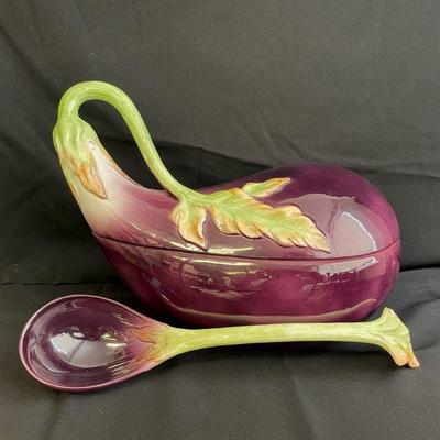 Fitz and Floyd 3.5 Quart Ceramic Eggplant Design Serving Dish * Ladle
