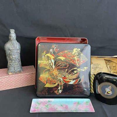 Asian Laquer Box * Ceramic Figurine * Shell Vase * Floral Trinket Tray

