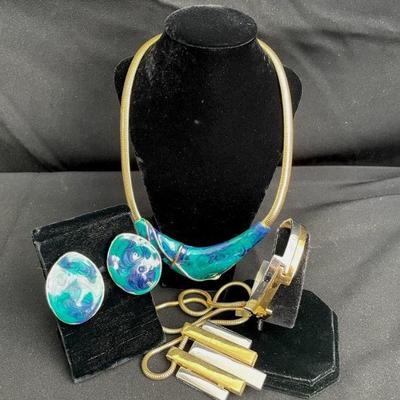 Blue Green Swirl Enamel Necklace * Earrings Set * Avon Silver/Gold Tone Jewelry Set
