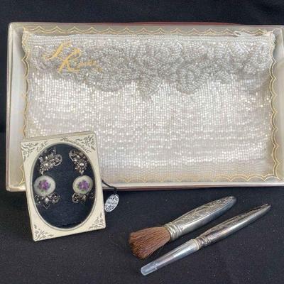 La Regale Pearly White Beaded Evening Bag * Victorian Style Earrings * Makeup Brushes
