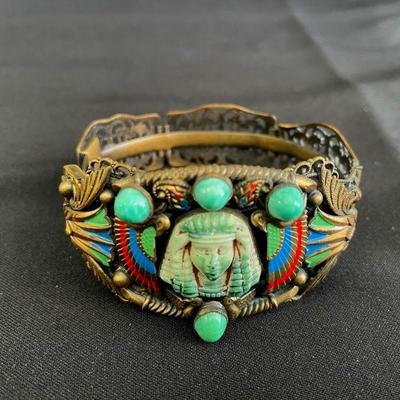 Made in Czechoslovakia Egyptian Design Cuff Bracelet * Metal * Stones
