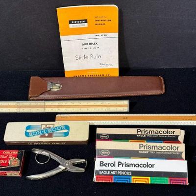 Vintage Dietzgen Slide Rule * Keuffel & Esser Co Ruler * Koh-I-Noor Pencils * Steel Tape Rule
