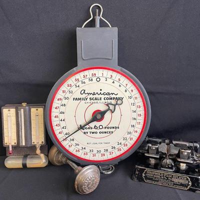 Vintage American Family Scale * Griswold Film Splicer * Taylor Humiguide* Doorknob
