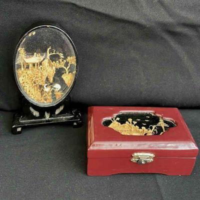 Mid Century Vintage Carved Cork Asian Diorama * Trinket Box
