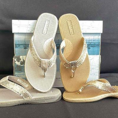 New Sequined Sperry Top-Sider Flip Flop Sandals * Gold/Silver 5M
