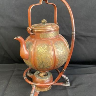 Vintage Metal Asian Design Teapot * Warmer Set
