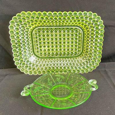 Vaseline Glass Rectangle Dish * Fish Design Handle Plate
