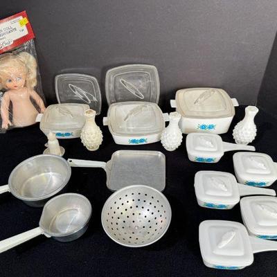 Miniature Kitchen Set * Irwin Cornflower Style Frying Pans & Pots * Metal Sauté Pans * Colander
