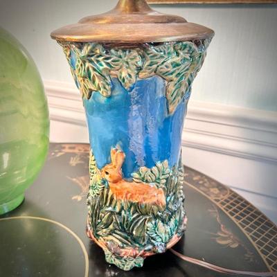 One of two vintage majolica bunny lamps