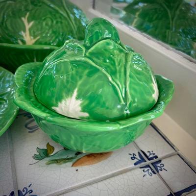 Italian green majolica cabbage covered bowls and platter