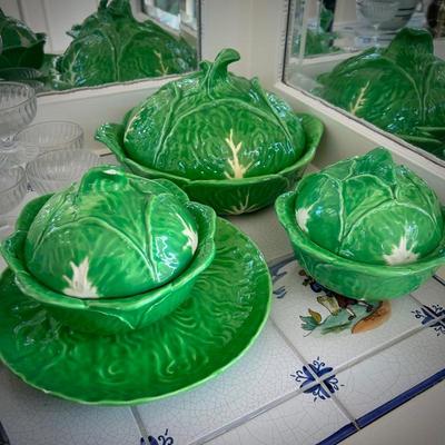 Italian green majolica cabbage covered bowls and platter 