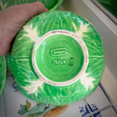 Italian green majolica cabbage covered bowls and platter