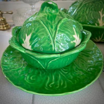 Italian green majolica cabbage covered bowls and platter